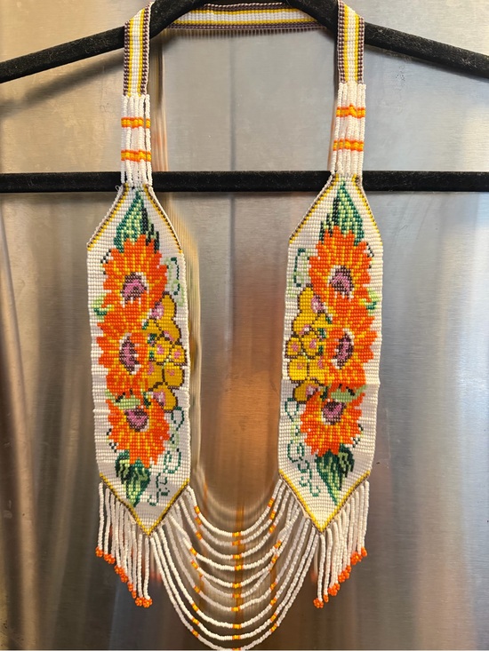 Handmade Accessories - Hand-Beaded Floral Statement Necklace in Orange, Yellow & White with, earrs brac